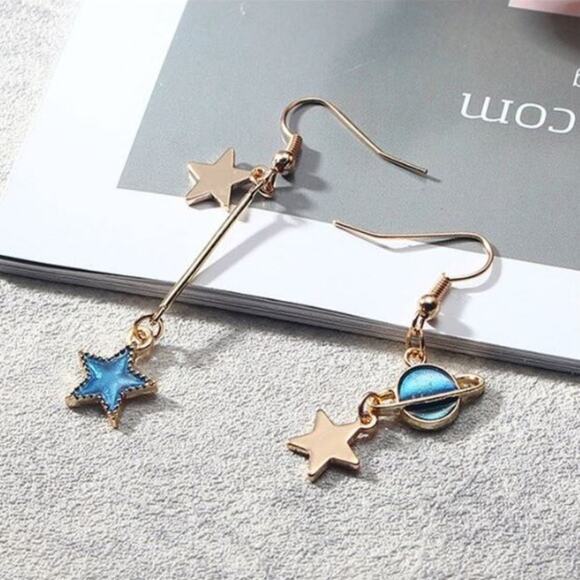 Lovely Blue Star & Planet French Hook Earrings - Picture 1 of 1